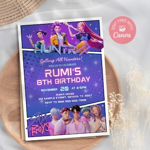 KPop Demon Hunter Birthday Invitation, Editable Canva Template, Kpop Anime Invite, Digital Download, Printable Birthday Card for Kids