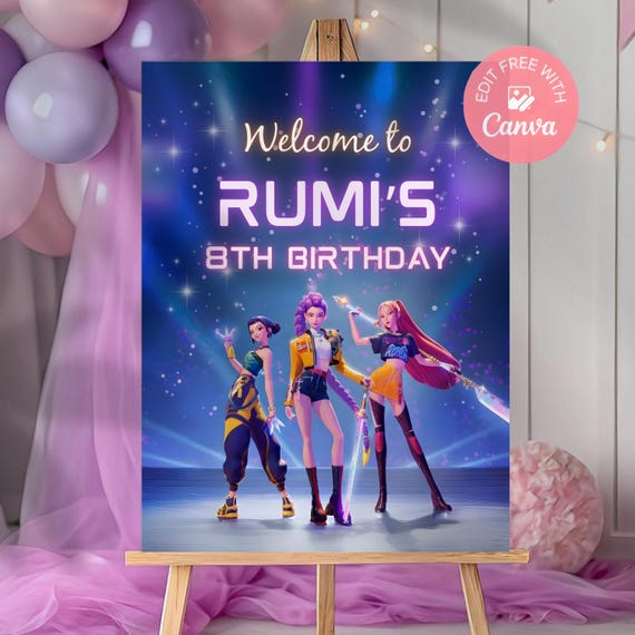 KPop Demon Hunter Birthday Banner, Editable Canva Template, Kpop Anime Party Decor, Digital Download, Printable Birthday Sign for Kids