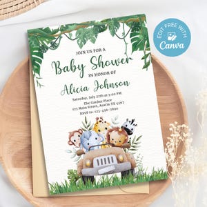 Jungle Baby Shower Invitation, Editable Safari Animals Invite, Gender Neutral Safari Invite Template, Wild One Party Invite, Canva Template