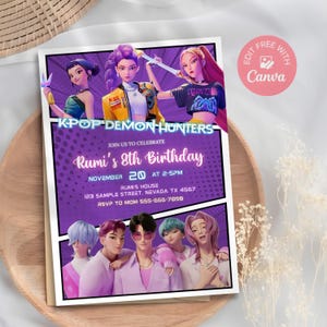 KPop Demon Hunter Birthday Invitation, Editable Canva Template, Kpop Anime Invite, Digital Download, Printable Birthday Card for Kids