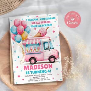 Editable Ice Cream Truck Birthday Invitation, Ice Cream Birthday Invite, Ice Cream Here&#39;s The Scoop Girl Birthday Printable Canva Template