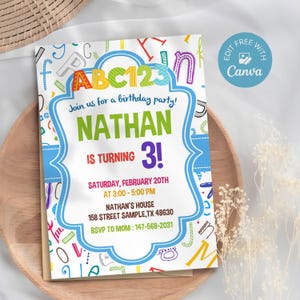 Editable ABC Birthday Party Invitation, Alphabet Birthday, Abc Party, Abc Birthday Party, Toddler Birthday, Personalize and Edit in Canva