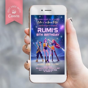 Invitación personalizada para fiesta de cumpleaños de Cazador de Demonios K-pop, invitación digital editable para teléfono, invitaciones de cumpleaños de Huntrix, descarga instantánea