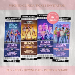 May include: Four event tickets with colorful graphics and the text "YOU'RE INVITED". Each ticket features a different design, including "KPOP DEMON HUNTERS" and "SAIA BOYS". The tickets are for Rumi's 8th Birthday.