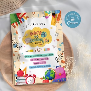 May include: A Back to School Bash invitation with a light yellow background and school-themed illustrations. The invitation includes the text "Back to School Bash" and event details. A red apple, books, a globe, and a backpack are also featured.
