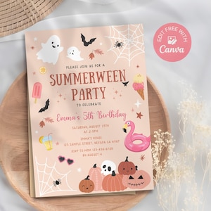 Summerween Birthday Invitation, Editable Ghost Pool Party Invite, Spooky Summer Celebration, Summer Pool Party, Digital Download