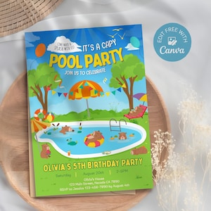 Pool Party Capybara Birthday Invitation, Summer Capy Birthday Invite, Animals Kid&#39;s Birthday Theme Template, Canva Editable Template