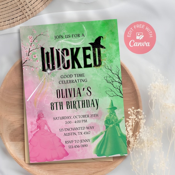 Wicked Birthday Party Invitation, Wicked Party Invitation, Wicked Inspired Movie Ticket, Elphaba & Glinda Theme, Movie Party, Canva Editable