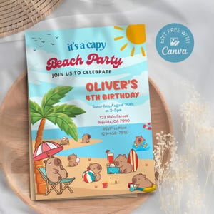 Pool Party Capybara Birthday Invitation, Summer Beach Capy Birthday Invite, Animals Kid&#39;s Birthday Girl Theme Template, Canva Template