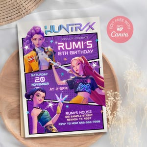 KPop Demon Hunter Birthday Invitation, Editable Canva Template, Kpop Anime Invite, Huntrix Party, Printable Birthday Card for Kids