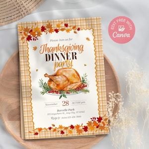 Op de afbeelding: Thanksgiving dinerfeest uitnodiging met een illustratie van een gebraden kalkoen. De uitnodiging heeft herfstbladeren en een geruite rand. Tekst bevat datum, tijd en locatie. Ontworpen met Canva.