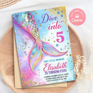 Dive into Five 5th Birthday Mermaid Invitation Editable Pink Purple Blue Under The Sea Invite Glitter Mermaid Tail Invite, Canva Template
