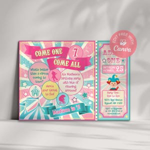 Pastel Carnival Birthday Invitation, Circus Birthday Party, Girl Invitation, Pink Carnival Invitation, Editable in Canva