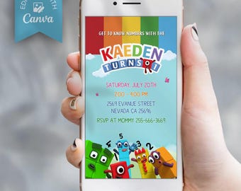 Invitación de cumpleaños editable de Numberblocks, plantilla imprimible de Canva (archivo digital)