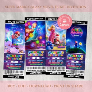 movie ticket invite, editable canva, kids movie party, kids movie night, ticket invitation, movie ticket bday, super mario birthday, super mario galaxy, mario galaxy bday, mario movie birthday, super mario bday, mario galaxy invite, mario galaxy movie