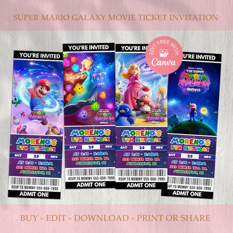 movie ticket invite, editable canva, kids movie party, kids movie night, ticket invitation, movie ticket bday, super mario birthday, super mario galaxy, mario galaxy bday, mario movie birthday, super mario bday, mario galaxy invite, mario galaxy movie