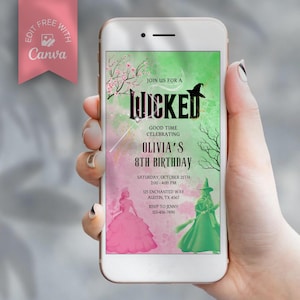 May include: A smartphone screen shows a birthday invitation with a "Wicked" theme. The design includes a pink and green gradient, illustrations of a princess and a witch, and event details such as the date, time, and location.