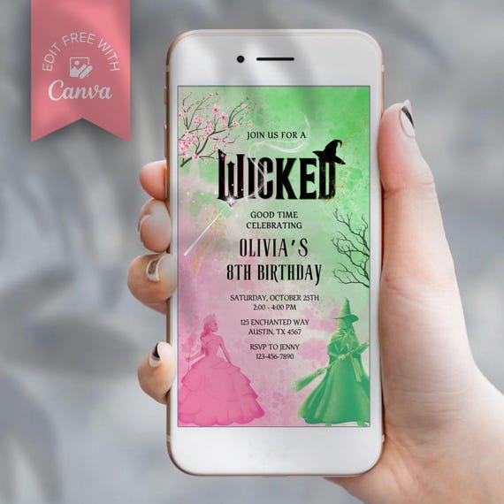 Wicked Birthday Invitation, Editable Wicked Party Invitation, Elphaba Glinda Birthday Invite, Movie Party, Canva Editable Birthday Template