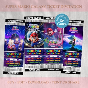May include: Four Super Mario Galaxy movie ticket invitations. Each ticket features a different scene from the movie, with the text "You're Invited" at the top. The tickets include event details and "Admit One."