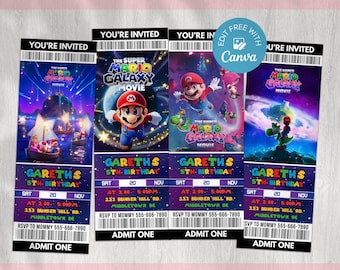 Super Mario Galaxy Movie Ticket Invitation, Galactic Party Invite, Kids Birthday Invite, Editable Canva Template, Instant Download