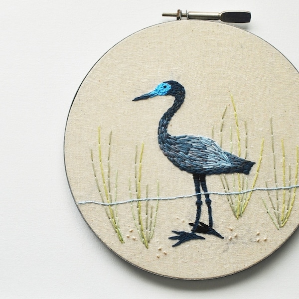 Little Blue Heron - Embroidery Hoop Wall Art - Natural History Bird - Shabby Chic Beach House Art