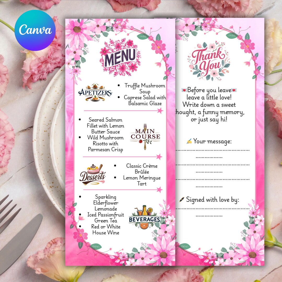 Editable Menu & Message Card Template | Floral Pink Theme | Double ...