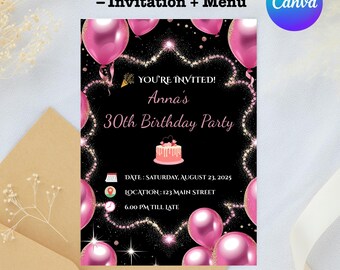 2-in-1 Birthday Invite and Menu Card, Pink Birthday Party Template, Editable Canva Design, Instant Download PDF