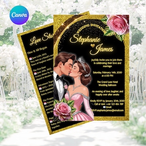 5*7 inch Luxury Gold Glitter Wedding Invitation and Love Story Card Template – Editable Black & Gold Elegant Design – Instant Download
