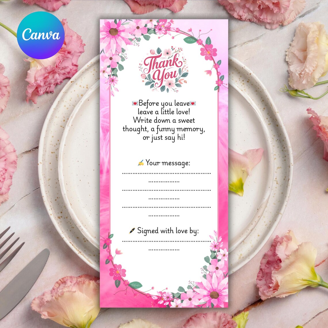 Editable Menu & Message Card Template | Floral Pink Theme | Double ...