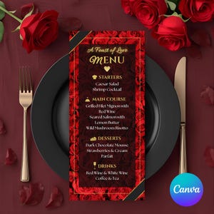 Könnte beinhalten: Eine romantische Menükarte mit dem Text "A Feast of Love MENU" auf rotem Rosenhintergrund. Die Speisekarte listet Vorspeisen, Hauptgerichte, Desserts und Getränke auf. Ein schwarzer Teller, eine goldene Gabel und ein Messer sind auf einer bordeauxroten Tischdecke mit roten Rosen angeordnet.