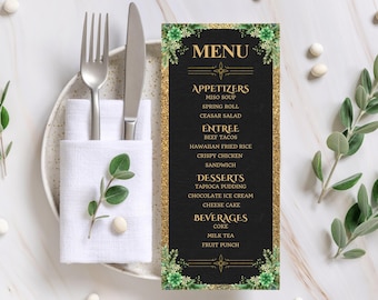 Elegant Floral Menu Template | 4x9” Printable | Black & Gold with Greenery | Wedding Dinner Menu + Thank You Card | Digital Download