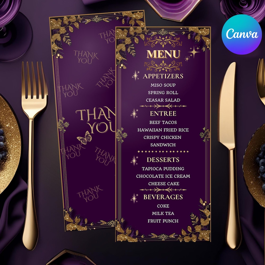 Luxury Purple & Gold Menu Template 4x9 | Elegant Double-sided Wedding ...