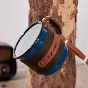 Personalized Leather Enamel Mug, Custom Coffee Cup with Name, Camping Mug, Outdoor Mug, Mountain Mug, Travel Mug, Office Mug, Gift for Dad