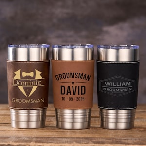 Engraved Leather Tumblers, Groomsmen Gifts, Custom Insulated Mug with Name, 20oz Insulated Mug, Personalized Travel Tumbler, Best Man Gifts