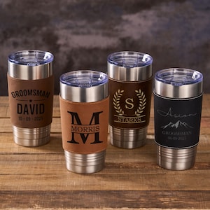 Personalized Groomsmen Tumbler, Engraved Leather Tumbler, Best Man Gift, 20oz Insulated Mug, Gift for Him, Groomsmen Gifts, Tumbler for Men