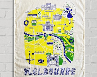 NEW 100% Cotton Screen Printed Melbourne Map Tea Towel, Melbourne, Souvenir, Cotton Tea Towel, Melbourne Icons, Skipping Girl