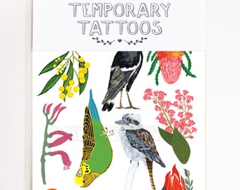 NEW Temporary Tattoos Australiana Flowers and Birds, Stocking Fillers, Fake Tattoos, Party Favor Bag, For Fun