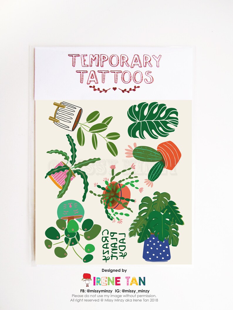 Temporary Tattoos Crazy for Plants, Cacti, Flower Lover, Floral, Green Thumbs, Fake Tattoos, Wedding, Party Favor Bag, For Fun image 1
