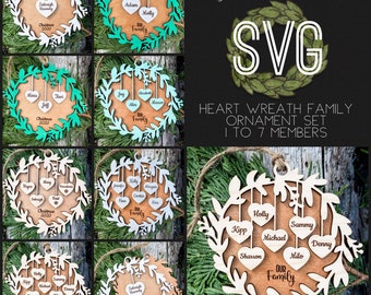 Heart Wreath Family Ornament Set| SVG | Glowforge and Laser Cutting