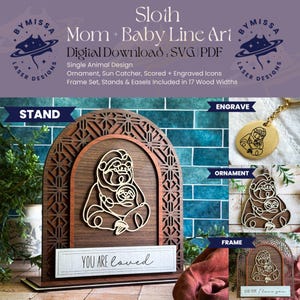 luiaard moeder baby | Los dier | Ornamenten, zonnevangers, lijst, standaard | SVG en pdf | Lasersnijden, Moederdag, Sieraden