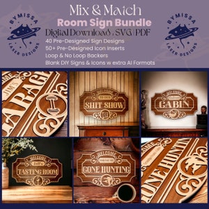 Room Sign Bundle Mix & Match 40 Sign Options with 50 Icons Home Decor, Gift SVG/PDF Glowforge Laser Cutting Template image 1