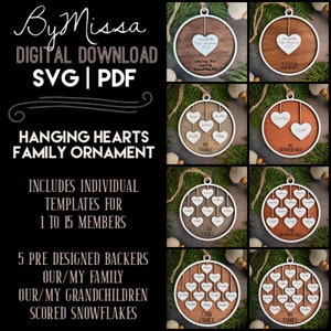Décorations coeurs suspendus 1-15 membres de la famille | PDF + SVG | Forge luminescente et découpe laser | Ornement petit-enfant et famille