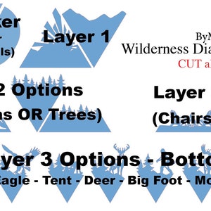May include: A blue and white layered diamond shelf set with the text "Wilderness Diamond Shelf Set" and "CUT all Layers". The shelf set includes a backer, a layer 1, a layer 2 with options for mountains or trees, and a layer 3 with options for chairs or trees, and a bottom layer with options for salmon, eagle, tent, deer, big foot, moose, and bear.