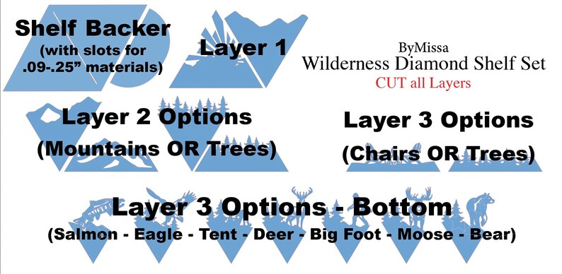 May include: A blue and white layered diamond shelf set with the text "Wilderness Diamond Shelf Set" and "CUT all Layers". The shelf set includes a backer, a layer 1, a layer 2 with options for mountains or trees, and a layer 3 with options for chairs or trees, and a bottom layer with options for salmon, eagle, tent, deer, big foot, moose, and bear.
