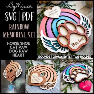 Boho Rainbow Memorial Ornament, Rounds, Keepsake for Cat, Dog, Horse, Loved One | SVG/PDF | Glowforge | Laser Cutting Template