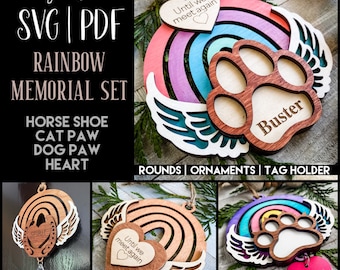 Boho Rainbow Memorial Ornament, Rounds, Keepsake for Cat, Dog, Horse, Loved One | SVG/PDF | Glowforge | Laser Cutting Template