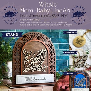 WALVIS: moeder baby | Los dier | Ornamenten, zonnevangers, lijst, standaard | SVG en pdf | Lasersnijden, Moederdag, Sieraden