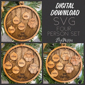 FOUR Person + 1-3 Paw | COMBO Family + Fur Family Ornament Set SVG | Glowforge and Laser Cutting