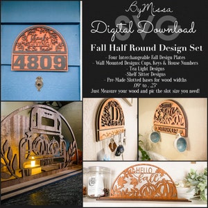 Ensemble de motifs SVG demi-rond d'automne | de Photophore et baby-sitter sur étagère | Designs muraux et de numéro de maison | Modèles de découpe laser