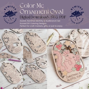 Color-Me Ornaments: Axolotl, Narwhal, Merkitty & Nudibranch | DIY Coloring Kit | SVG/PDF | Glowforge Laser Cutting Template